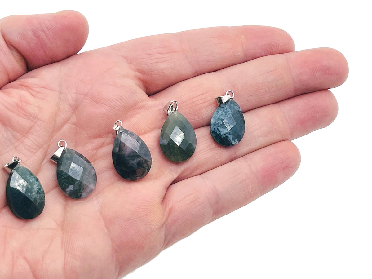 Moss Agate crystal pendant, 20mm, handmade jewelry making supply by GemstoneGO, featuring natural green and brown moss patterns.