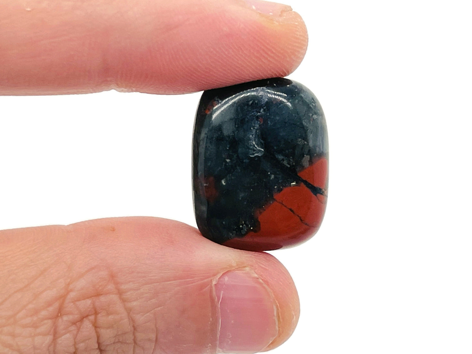 African Bloodstone tumbled gemstone from GemstoneGO, showing a polished deep red and green stone with natural patterns.