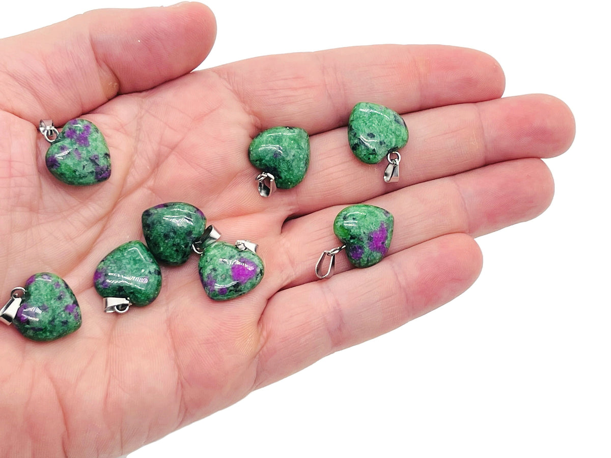 Ruby Zoisite heart-shaped pendant from GemstoneGO featuring a mini crystal design with vibrant red and green gemstone details.