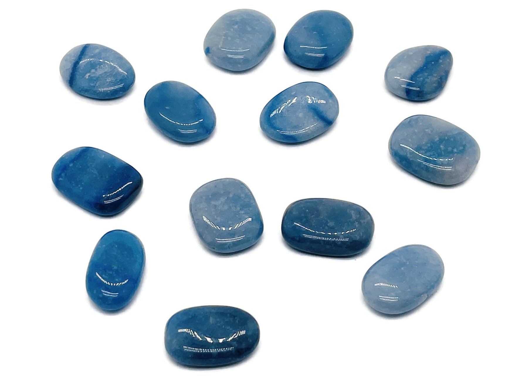 Blue aventurine flat gemstone slab from GemstoneGO, showcasing smooth, polished blue crystal with natural gemstone patterns.