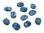 Blue Spot Jasper flat gemstone slab from GemstoneGO showing vibrant blue and brown patterns on a smooth crystalline surface.