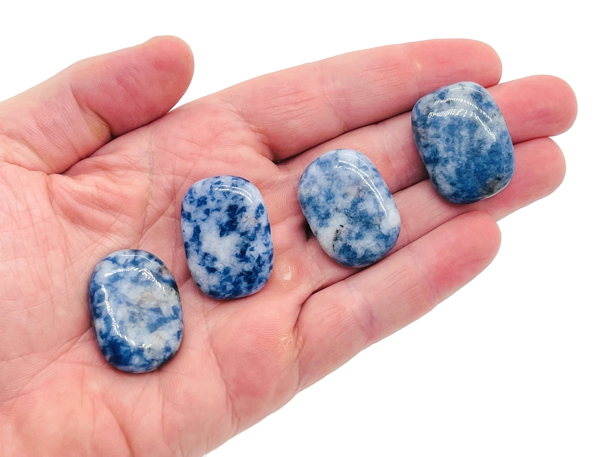 Blue Spot Jasper flat gemstone slab showing vibrant blue and white spot patterns, polished surface with natural stone texture.
