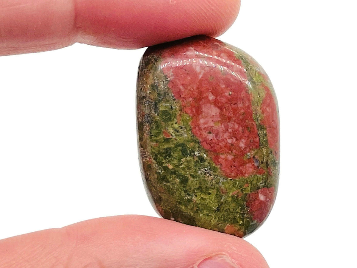 Unakite flat gemstone slab from GemstoneGO, showcasing pink and green mineral layers with smooth polished surface.
