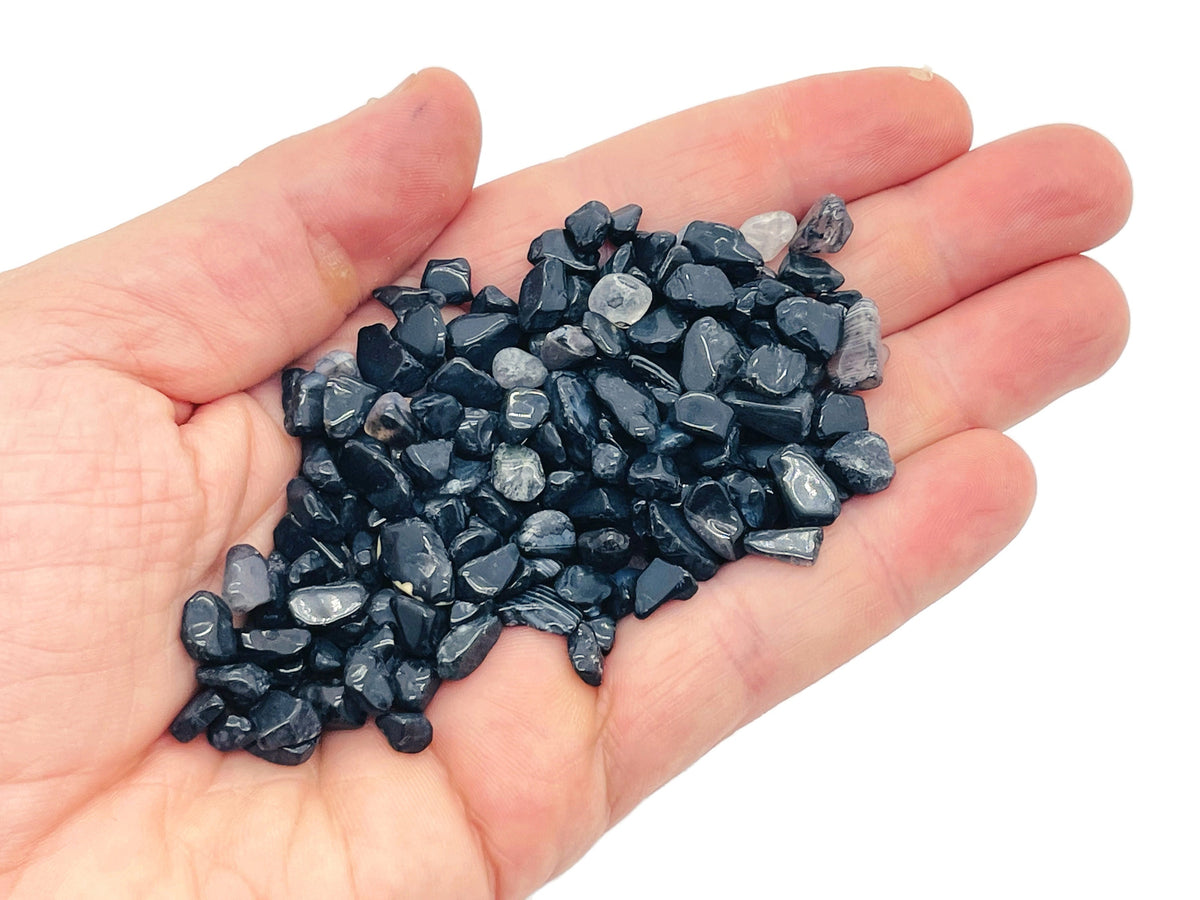 Black Agate crystal chips in 5-8mm semi-tumbled stones, displayed in bulk, from GemstoneGO.