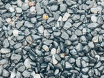 Semi-tumbled black agate crystal chips, 5-8mm gemstone stones from GemstoneGO, displayed in a bulk pack.