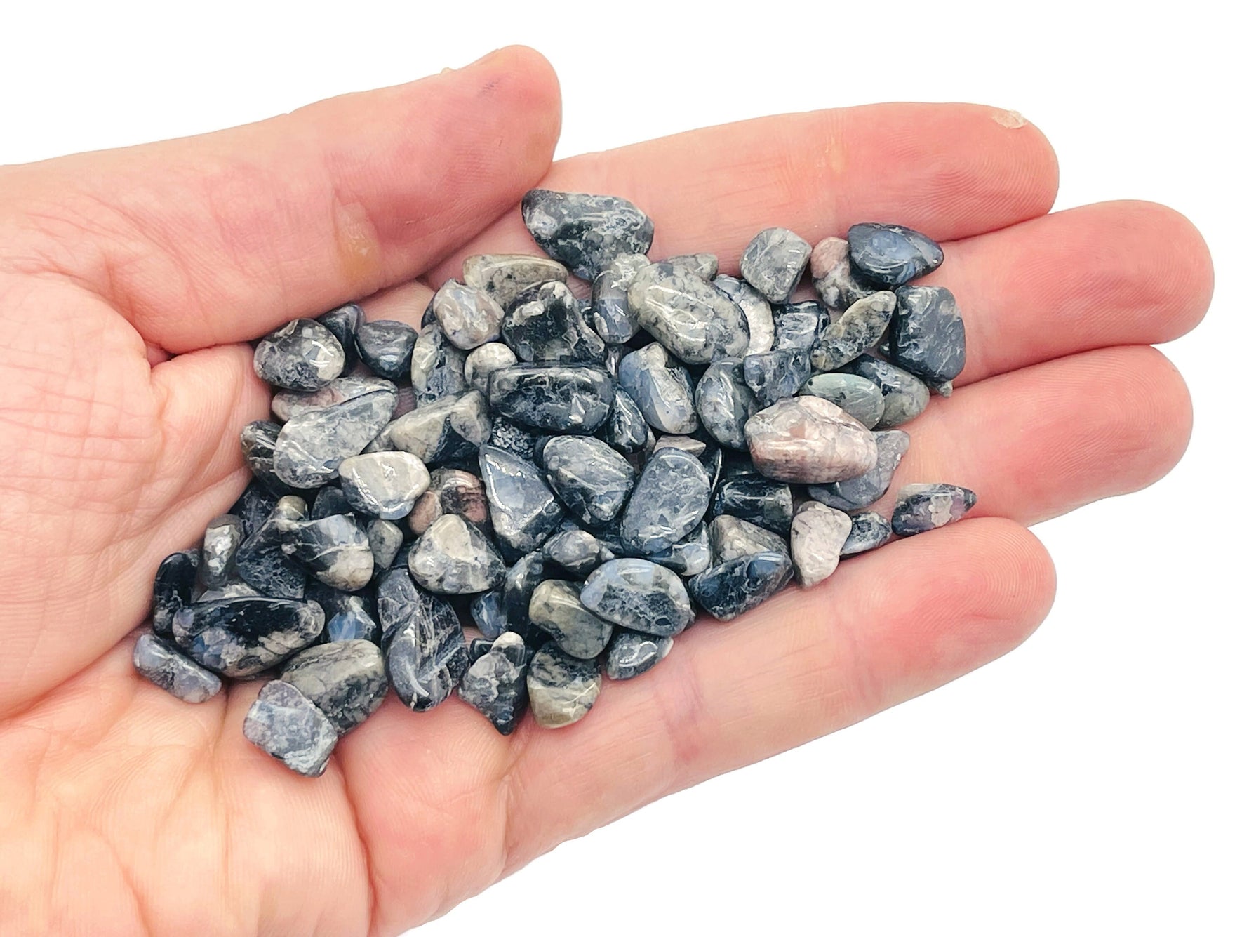 Blue Liberite crystal chips from GemstoneGO, semi-tumbled 7-9mm gemstone fragments for jewelry making or decoration.