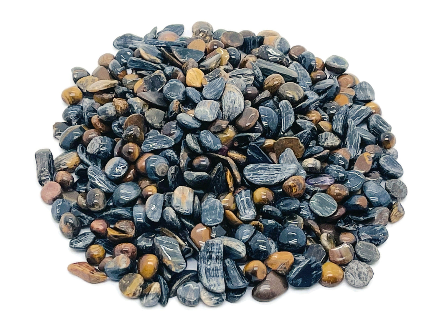 Blue Tiger Eye crystal chips from GemstoneGO, semi-tumbled 5-7mm stones, vibrant blue and golden-brown gemstone bulk lot.