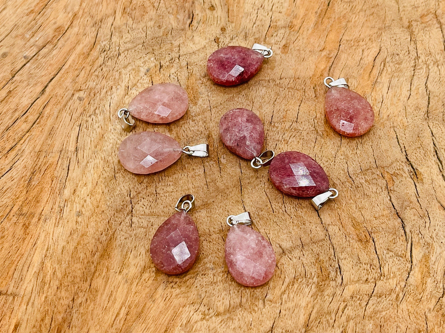 Strawberry Quartz Crystal Pendant from GemstoneGO, 20mm round gemstone for jewelry making, natural pink stone with crystal clarity.