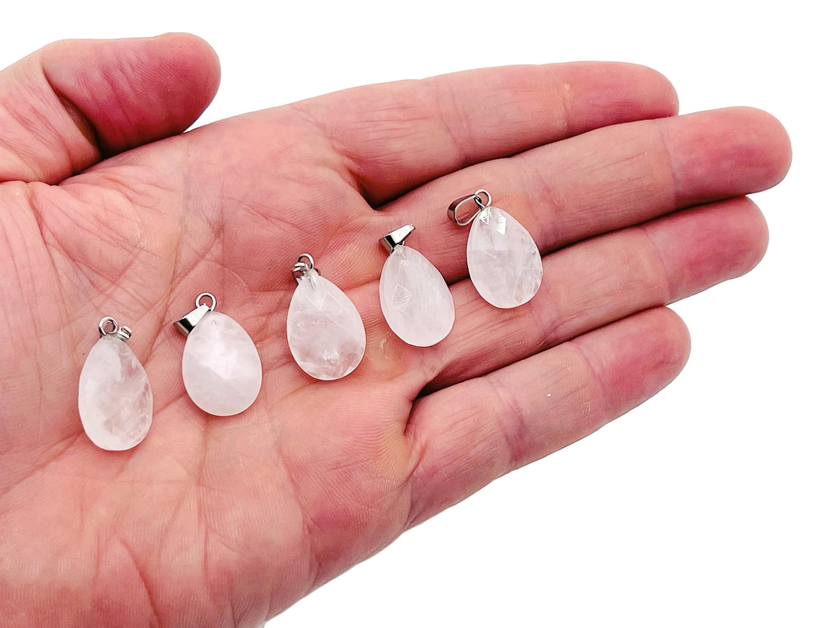 Clear Quartz crystal pendant, 20mm gemstone for jewelry making, from GemstoneGO, shown with a polished, transparent crystal.