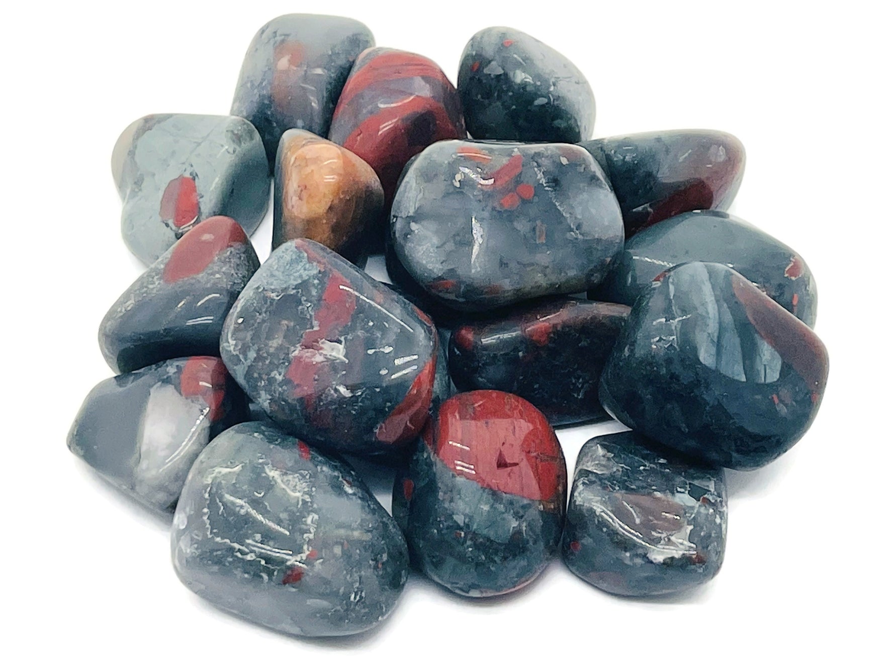 African Bloodstone tumbled gemstone from GemstoneGO, showing deep green stone with red blood-like mineral inclusions.