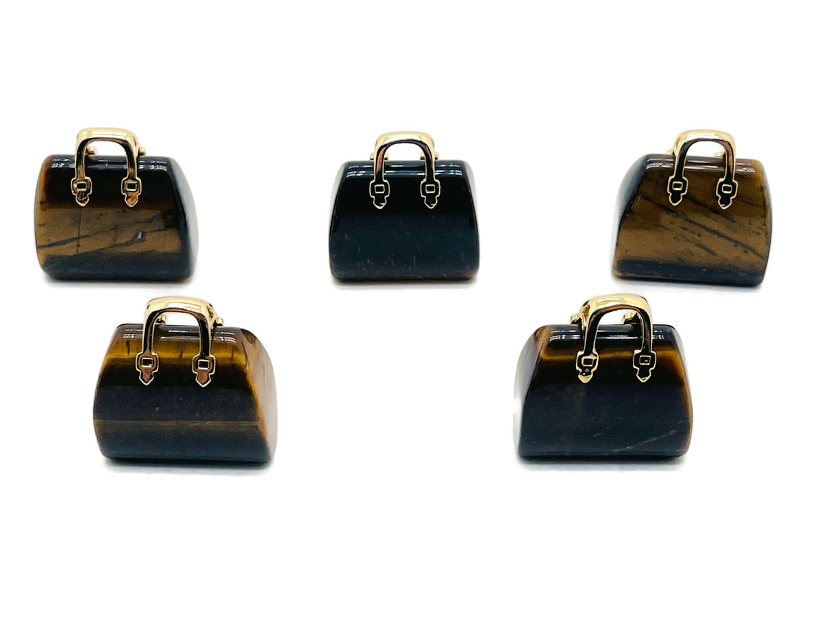 Tiger Eye crystal purse carving gemstone pendant with detailed handbag design for jewelry or decorative display.