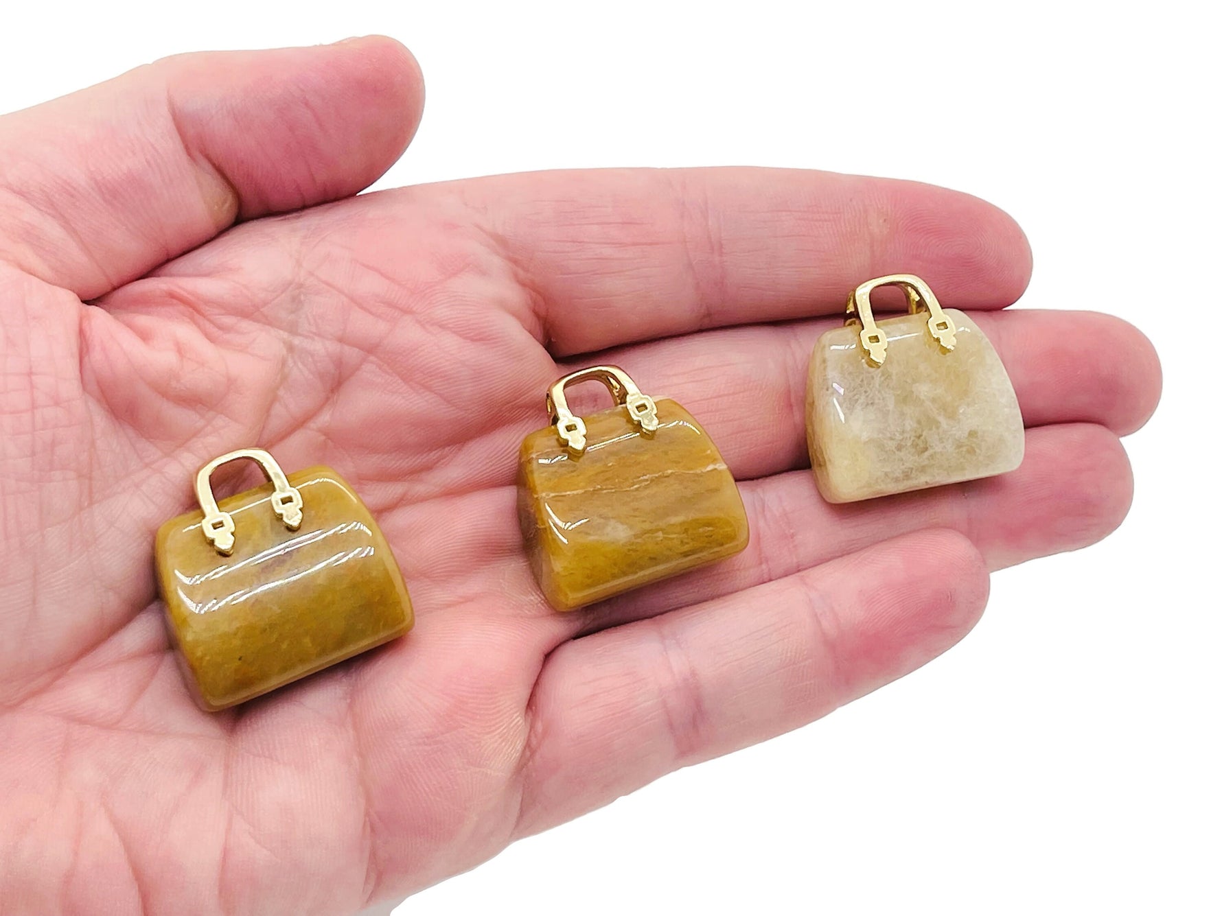Yellow jade crystal carved handbag pendant, gemstone purse carving, detailed gemstone jewelry by GemstoneGO