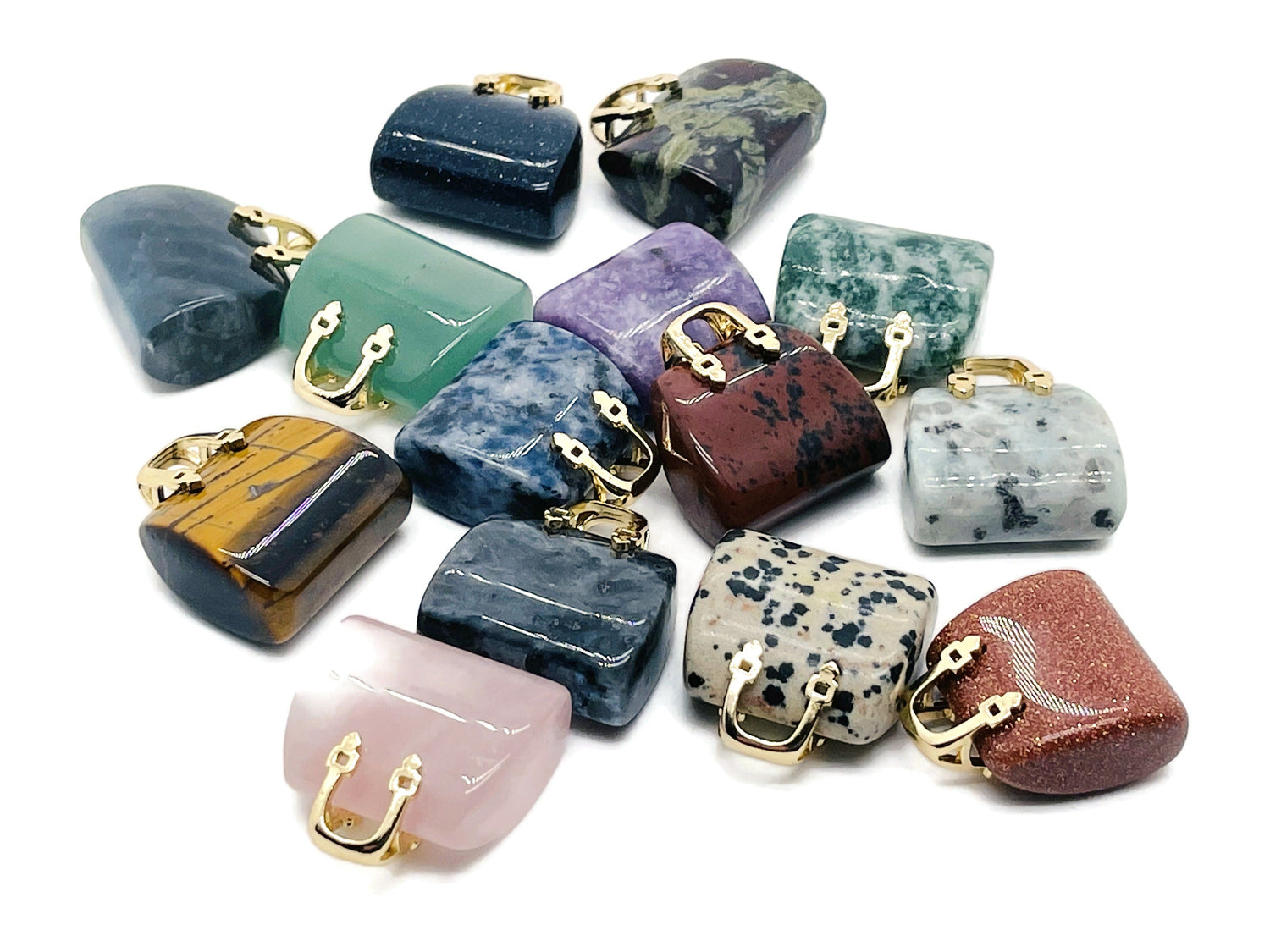 Crystal purse carving gemstone pendant from GemstoneGO, featuring a detailed gemstone handbag design on a chain.