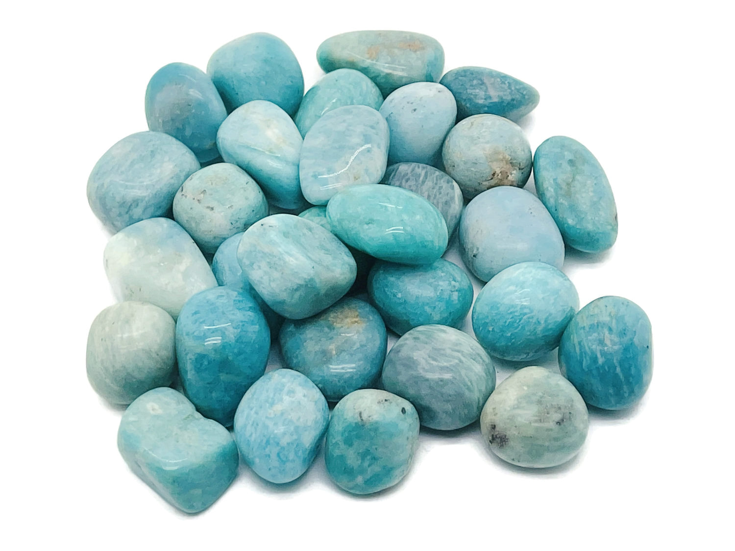 Polished Amazonite tumbled gemstone from GemstoneGO, showcasing smooth blue-green surface with natural stone patterns.