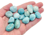Polished Amazonite tumbled stone from GemstoneGO showing smooth, blue-green mineral with natural patterns and glossy finish.