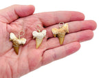 Natural shark tooth pendant wrapped in brass wire, showcasing fossil details, on a plain background.