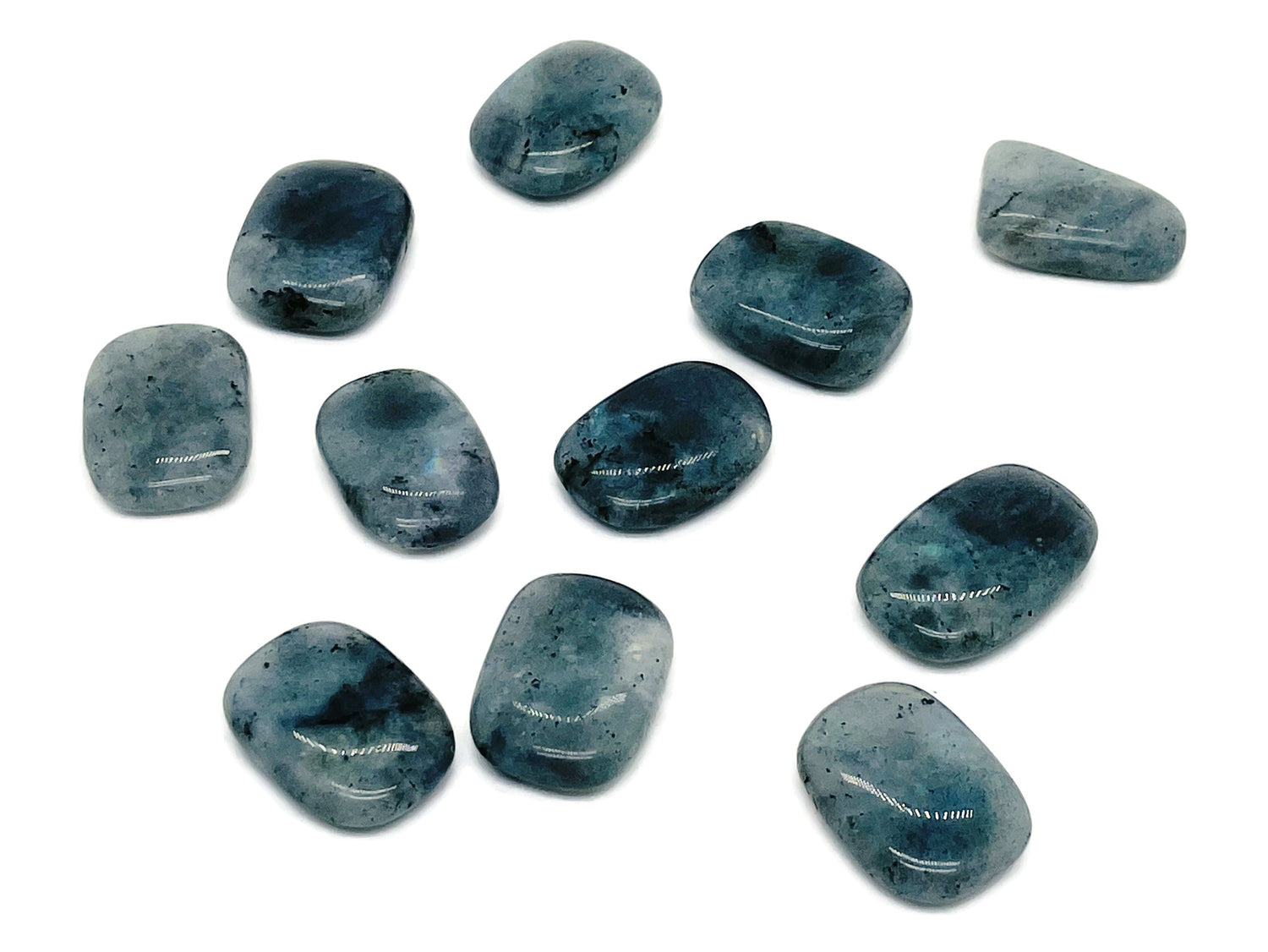 Labradorite flat gemstone slab with iridescent blue and green flashes, showcasing natural crystal patterns and smooth polished surface.