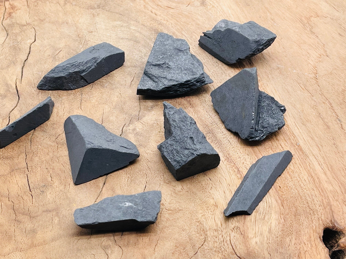 Raw Shungite gemstone from GemstoneGO, showcasing its dark, rough mineral texture and natural shape.