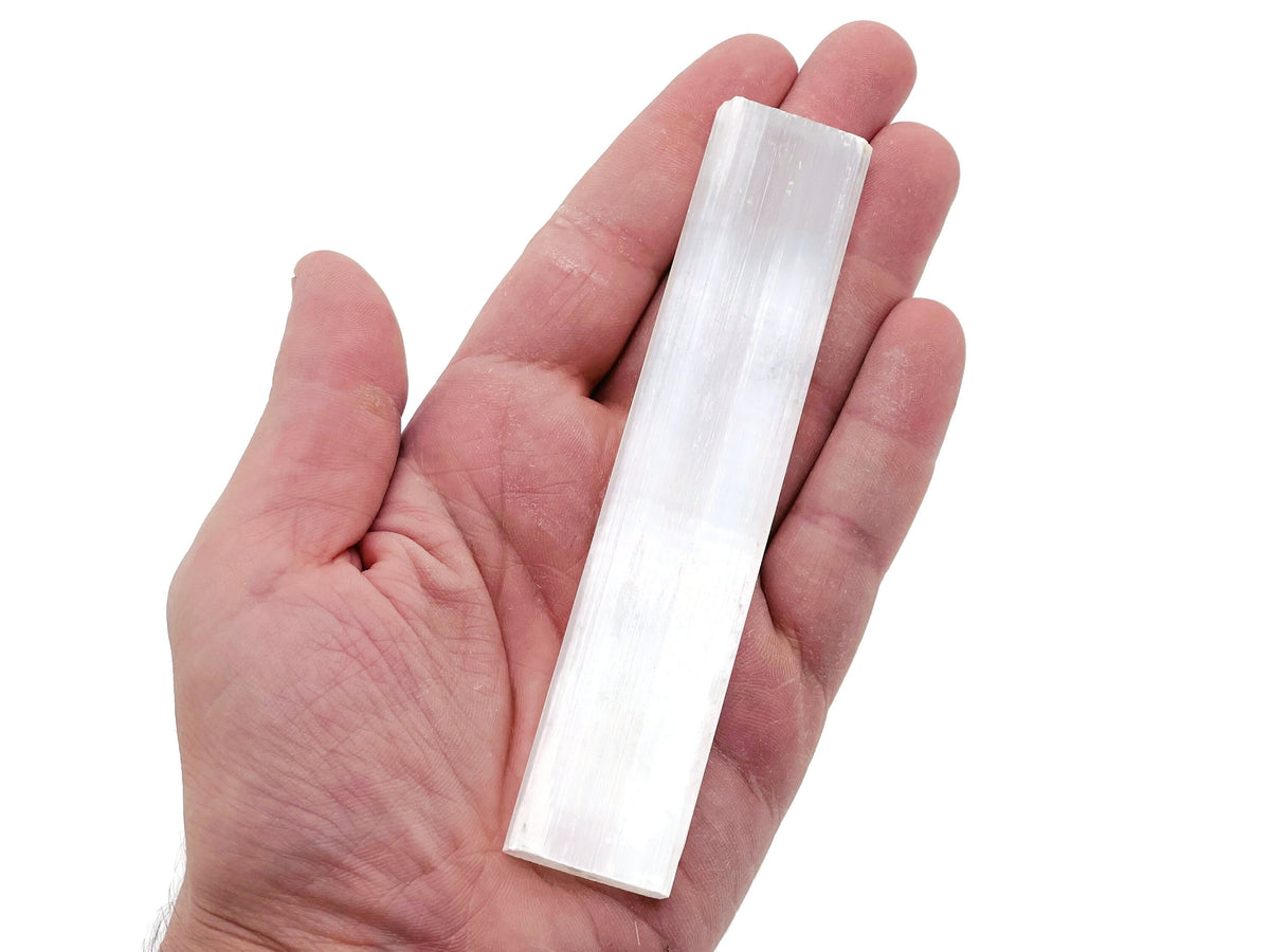 Raw Selenite wand stone from GemstoneGO, 4-12cm, natural stick shape, clear and silky mineral for energy and healing.