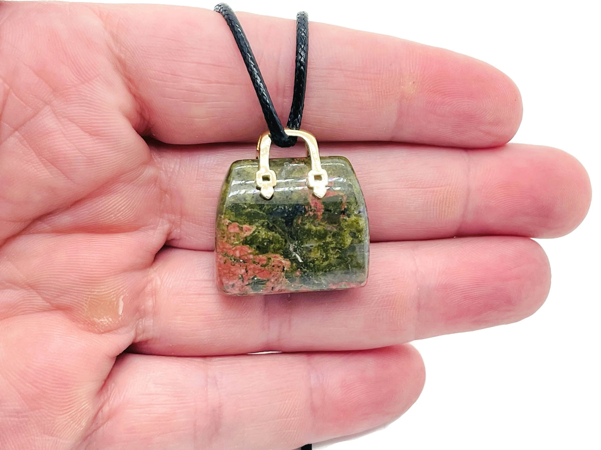 Unakite crystal gemstone handbag pendant carving, decorative purse charm with vibrant green and pink hues, by GemstoneGO.