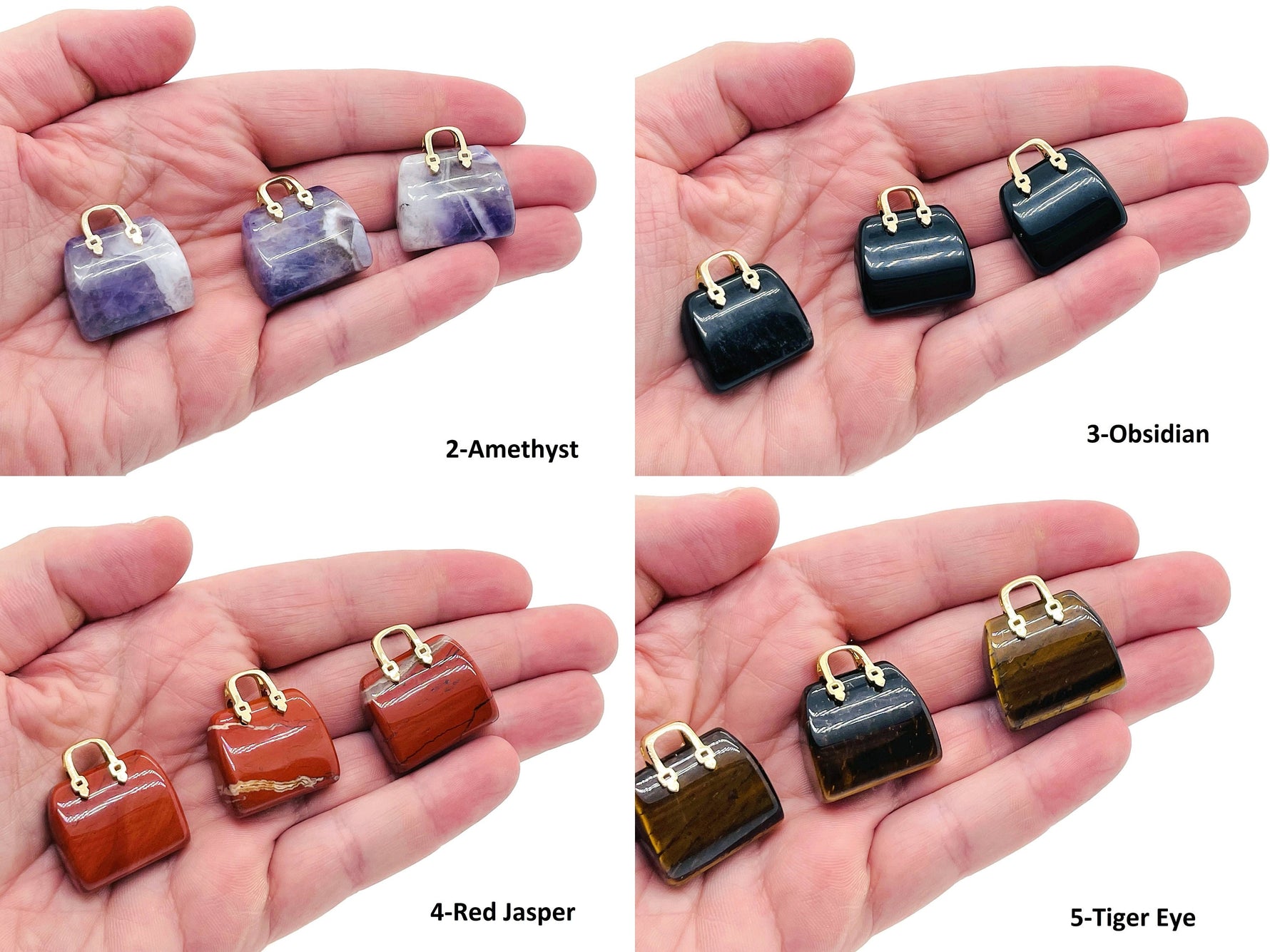 Crystal gemstone purse carving pendant featuring a detailed handbag design, handcrafted by GemstoneGO.