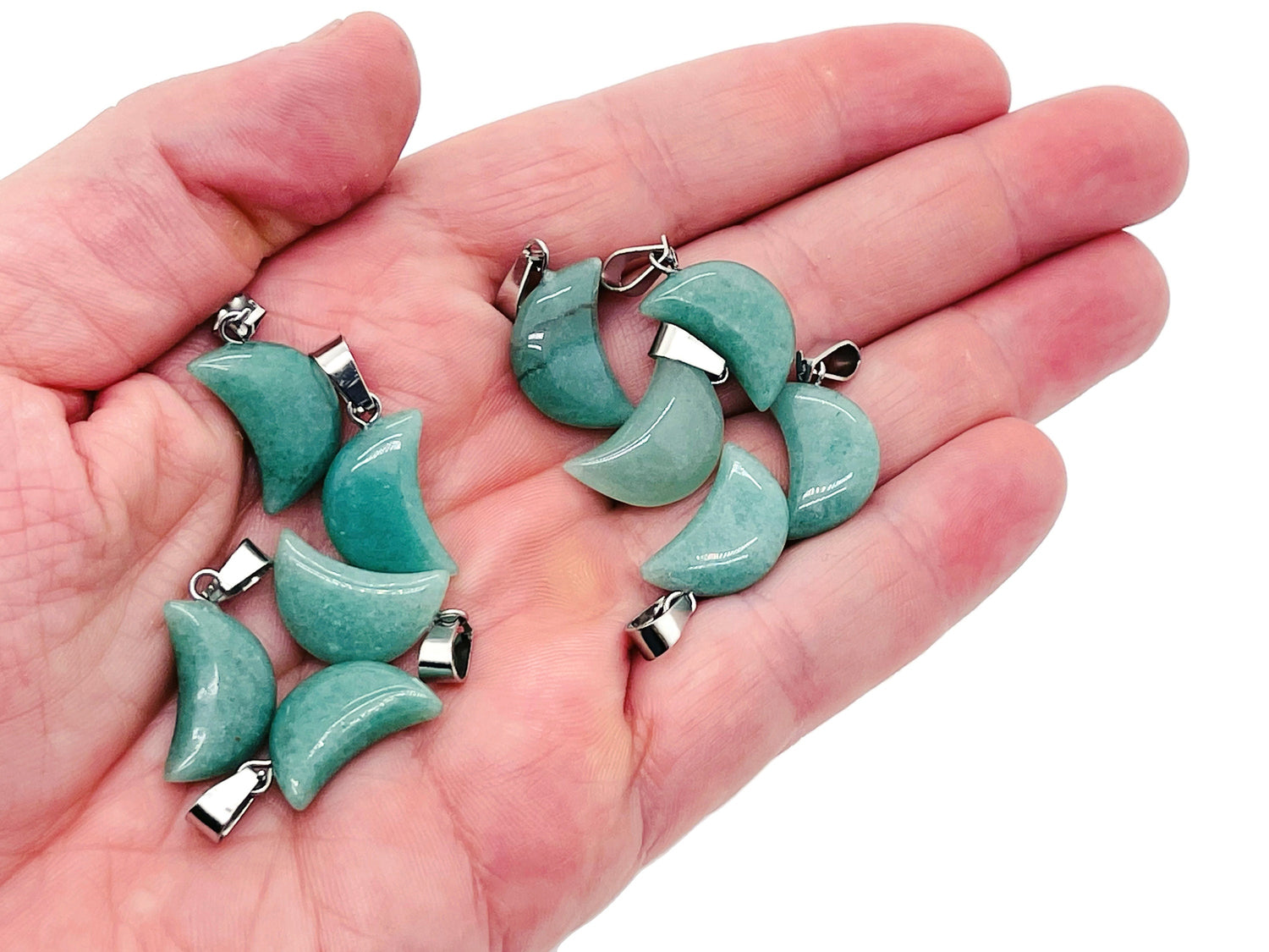 Aventurine moon pendant and earring set from GemstoneGO featuring polished green aventurine crystals for jewelry making.