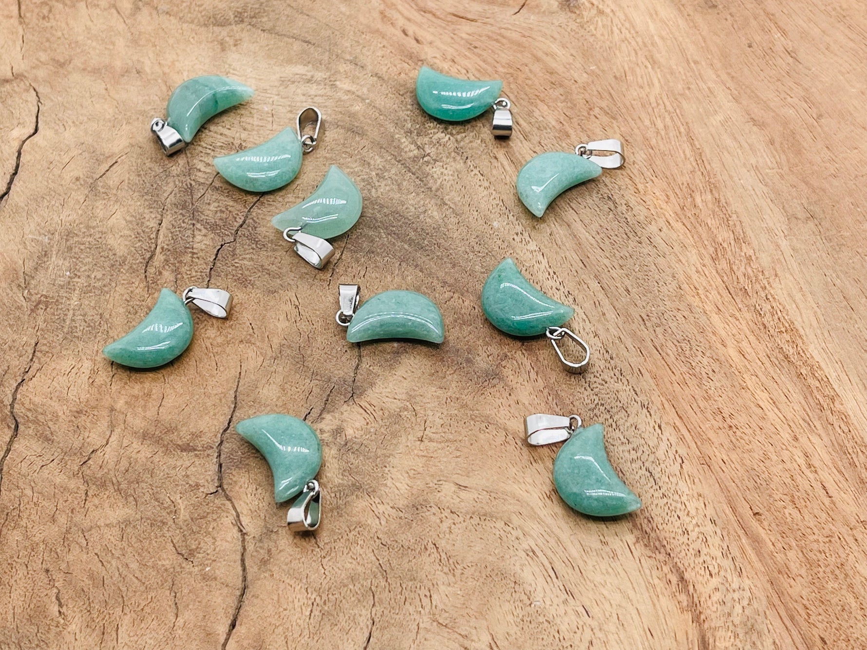 Aventurine moon pendant and earring set featuring green crystal gemstones, ideal for jewelry making and healing jewelry designs.