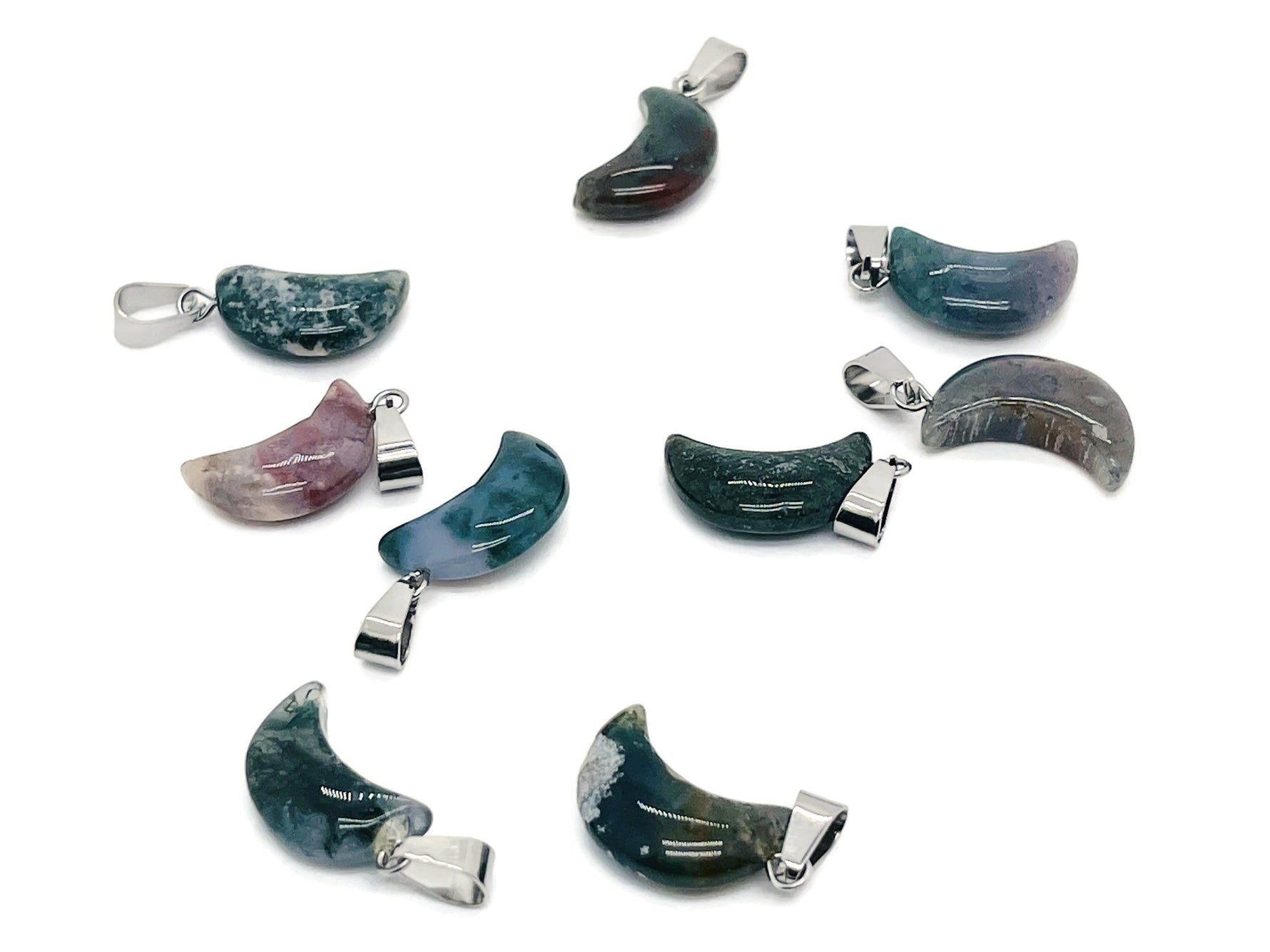 Moss agate crystal pendant from GemstoneGO, featuring natural green and brown patterns, ideal for jewelry making supplies.