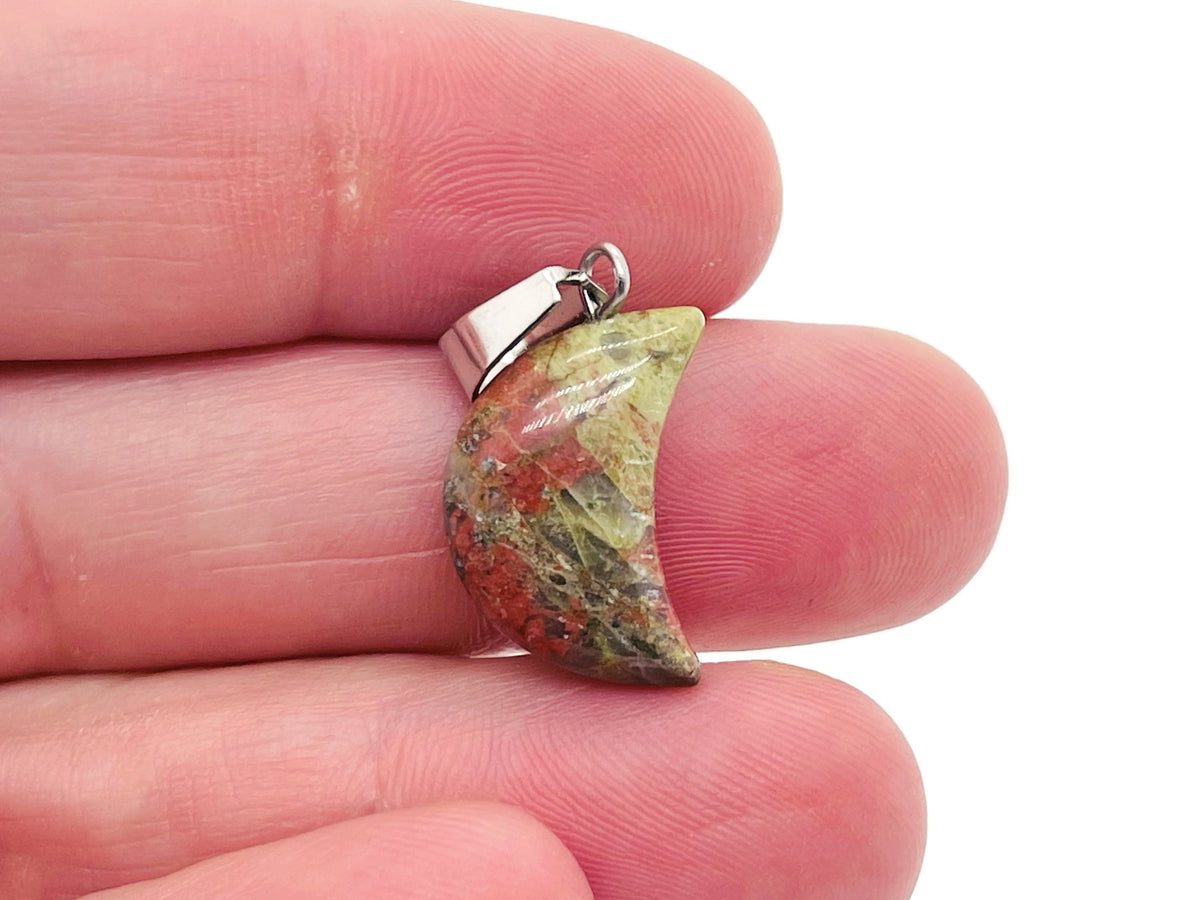 Unakite moon crystal pendant from GemstoneGO, ideal for jewelry making, showcasing a smooth, polished green and pink gemstone pendant.