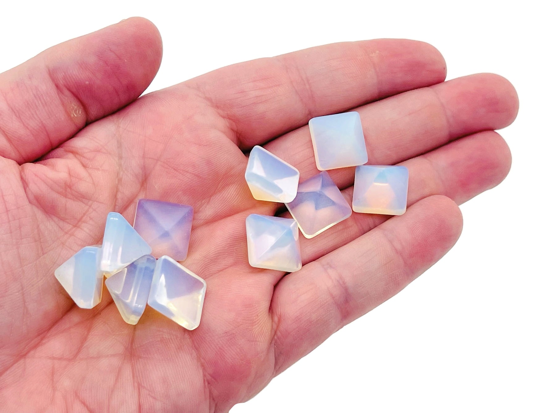 Opalite pyramid gemstone carving, 14mm size, from GemstoneGO, showcasing a smooth, luminous white and blue iridescent finish.