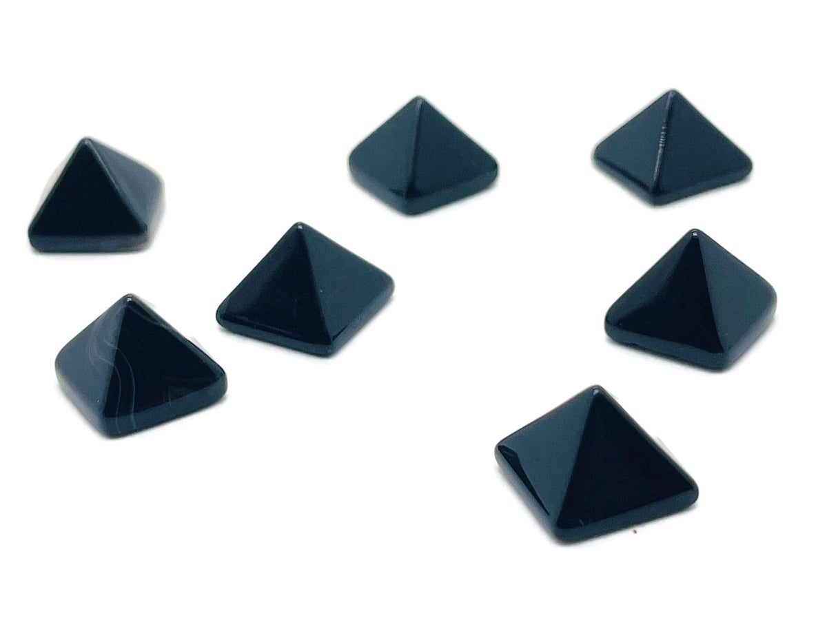 Black Agate pyramid gemstone carving, 14mm size, featuring intricate natural crystal details and smooth polished surface.