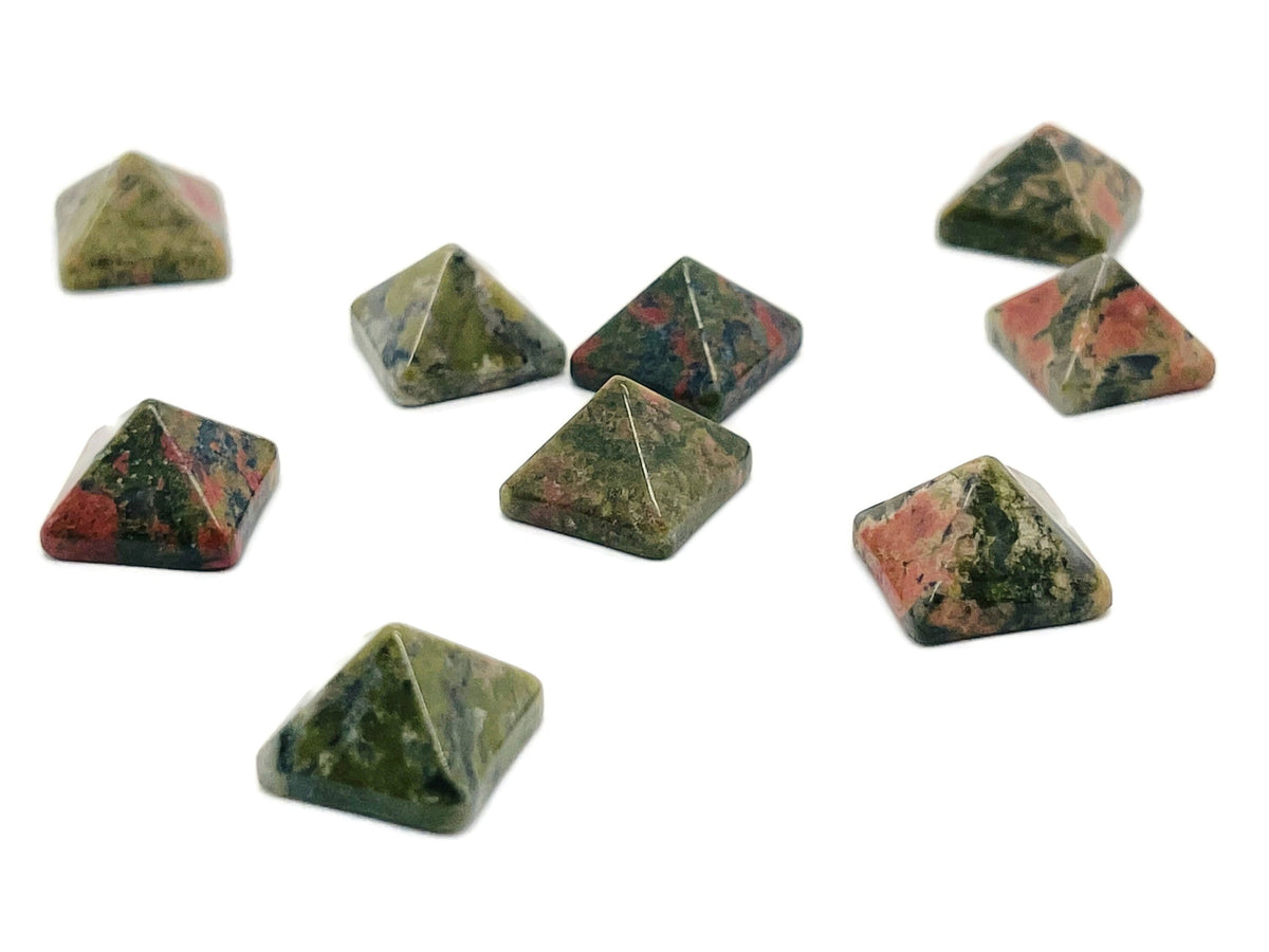Unakite pyramid carving gemstone, 14mm, from GemstoneGO, showcasing vibrant green and pink mineral patterns in a smooth pyramid shape.