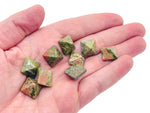 Unakite pyramid carving gemstone from GemstoneGO, 14mm, showing its green and pink mineral patterns and smooth pyramid shape.