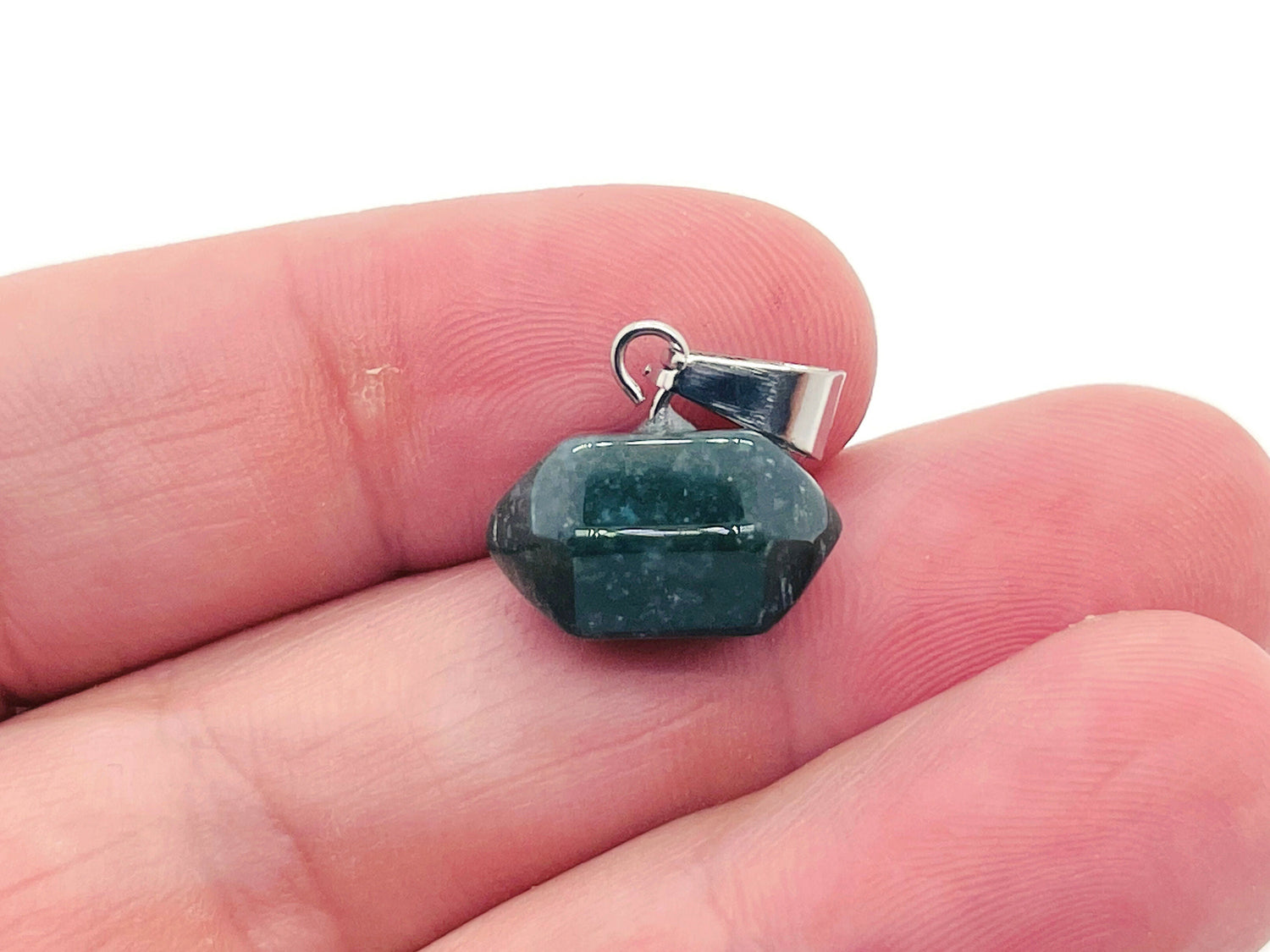 Moss Agate point crystal pendant from GemstoneGO, natural green stone with unique moss-like inclusions, ideal for jewelry making.