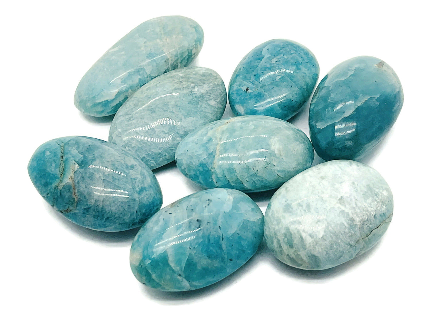 Amazonite palm gemstone spa stone from GemstoneGO, smooth blue-green healing crystal for relaxation and massage.