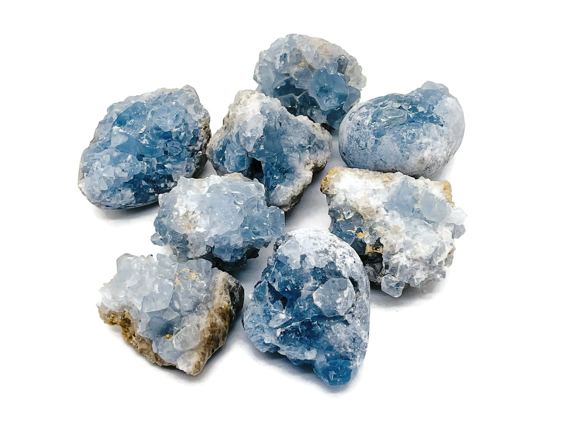 Celestite raw cluster gemstone from GemstoneGO showing blue crystalline formations and natural mineral textures.