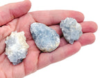 Raw celestite gemstone cluster from GemstoneGO showcasing delicate blue crystal formations on a natural mineral base.