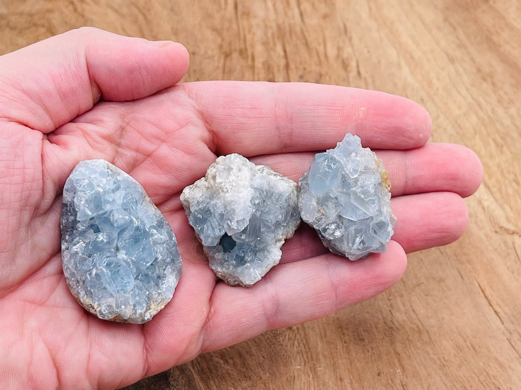 Raw celestite gemstone cluster from GemstoneGO, showcasing delicate blue crystal formations and natural mineral textures.