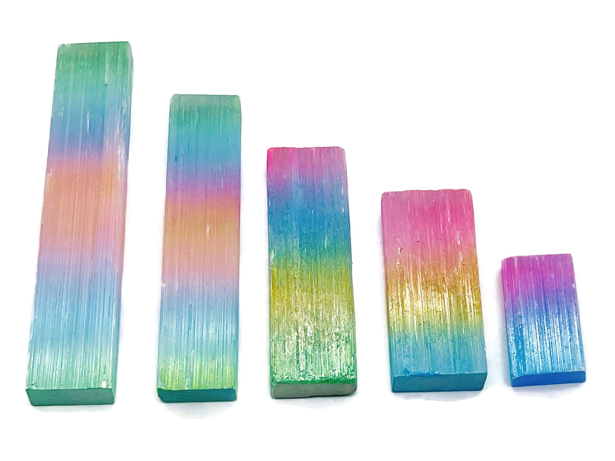 Rainbow Aura Selenite wand in various sizes, raw gemstone stick with vibrant rainbow-colored aura finish, from GemstoneGO.