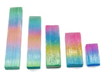 Rainbow Aura Selenite wand in various sizes, raw gemstone stick with vibrant rainbow-colored aura finish, from GemstoneGO.