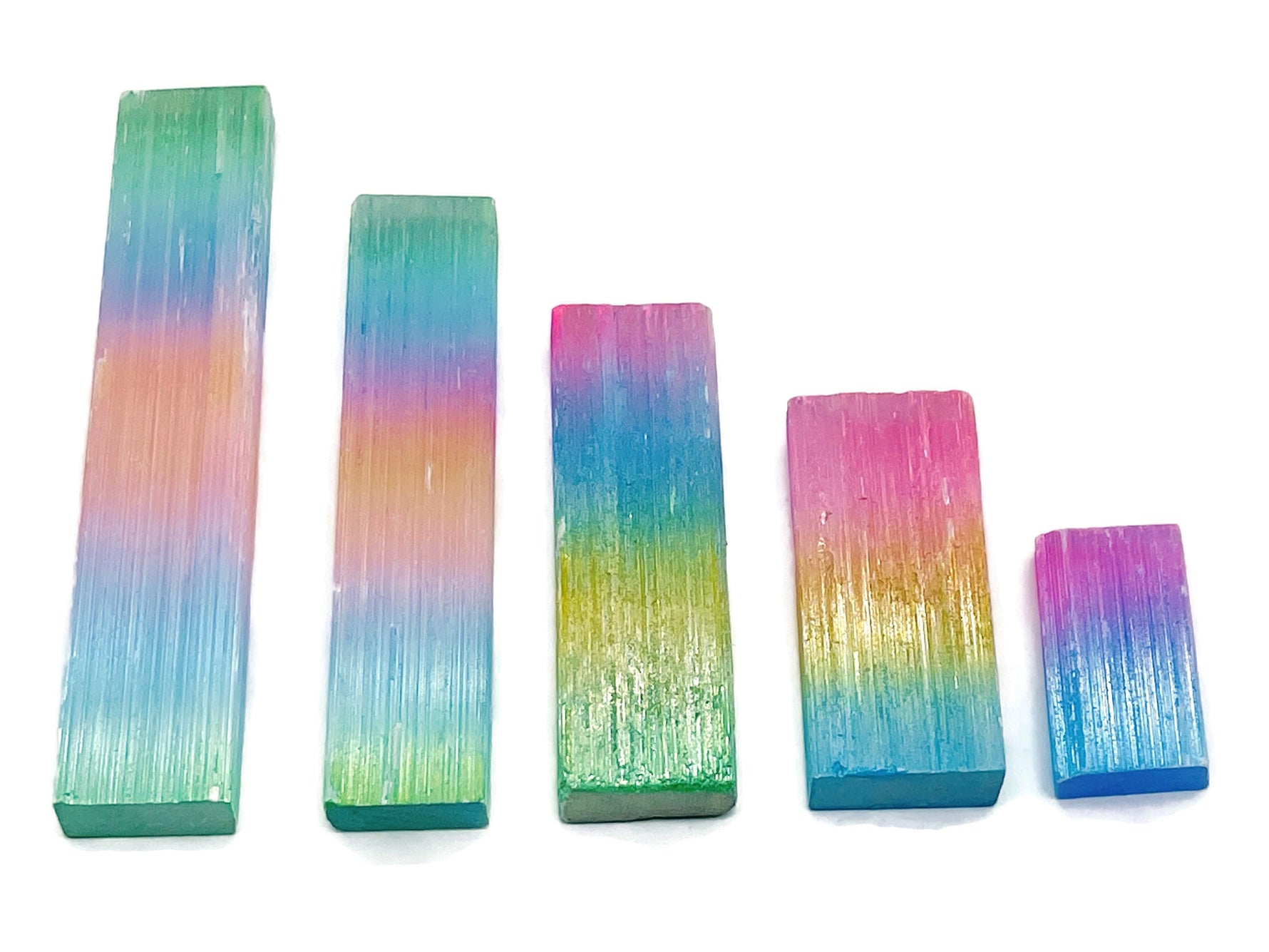 Rainbow Aura Selenite wand in various sizes, raw gemstone stick with vibrant rainbow-colored aura finish, from GemstoneGO.