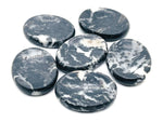 Zebra Calcite worry stone from GemstoneGO, showing black and white striped pattern, smooth polished surface, 4.5x3.5cm crystal.