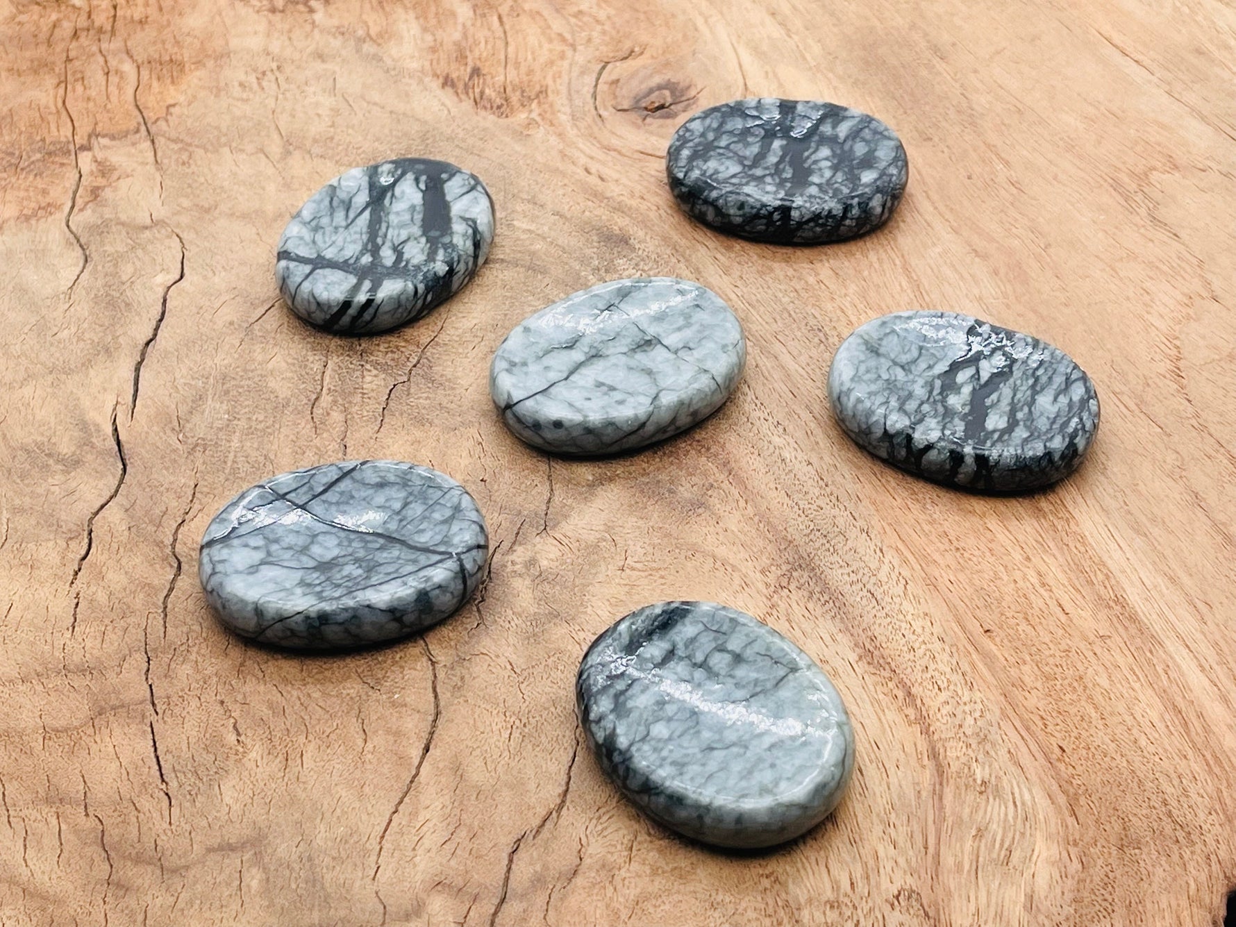Black network Jasper worry stone showing smooth, polished surface with intricate black and gray patterns, 4.5x3.5cm, gemstone healing crystal