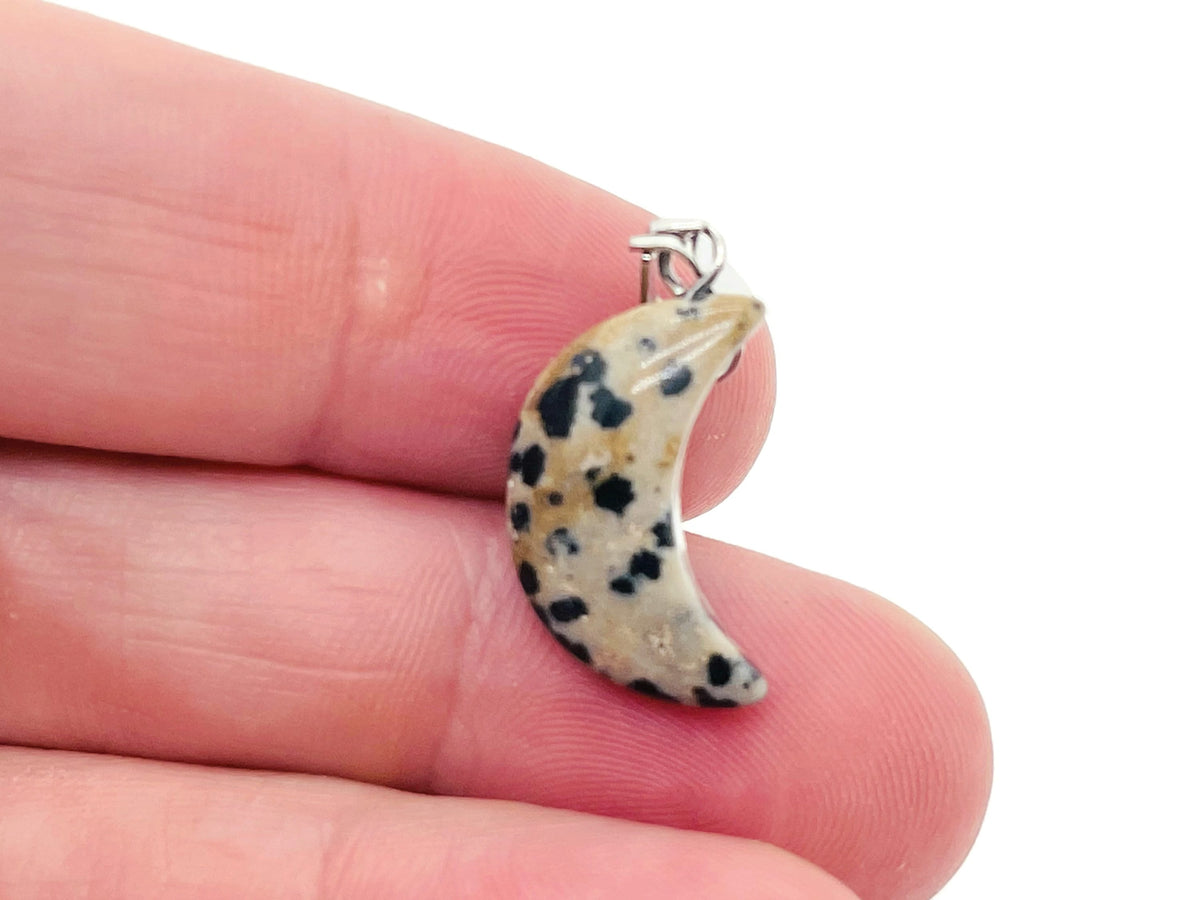 Dalmatian Jasper moon crystal pendant from GemstoneGO, featuring a polished stone with black spots on a silver setting.