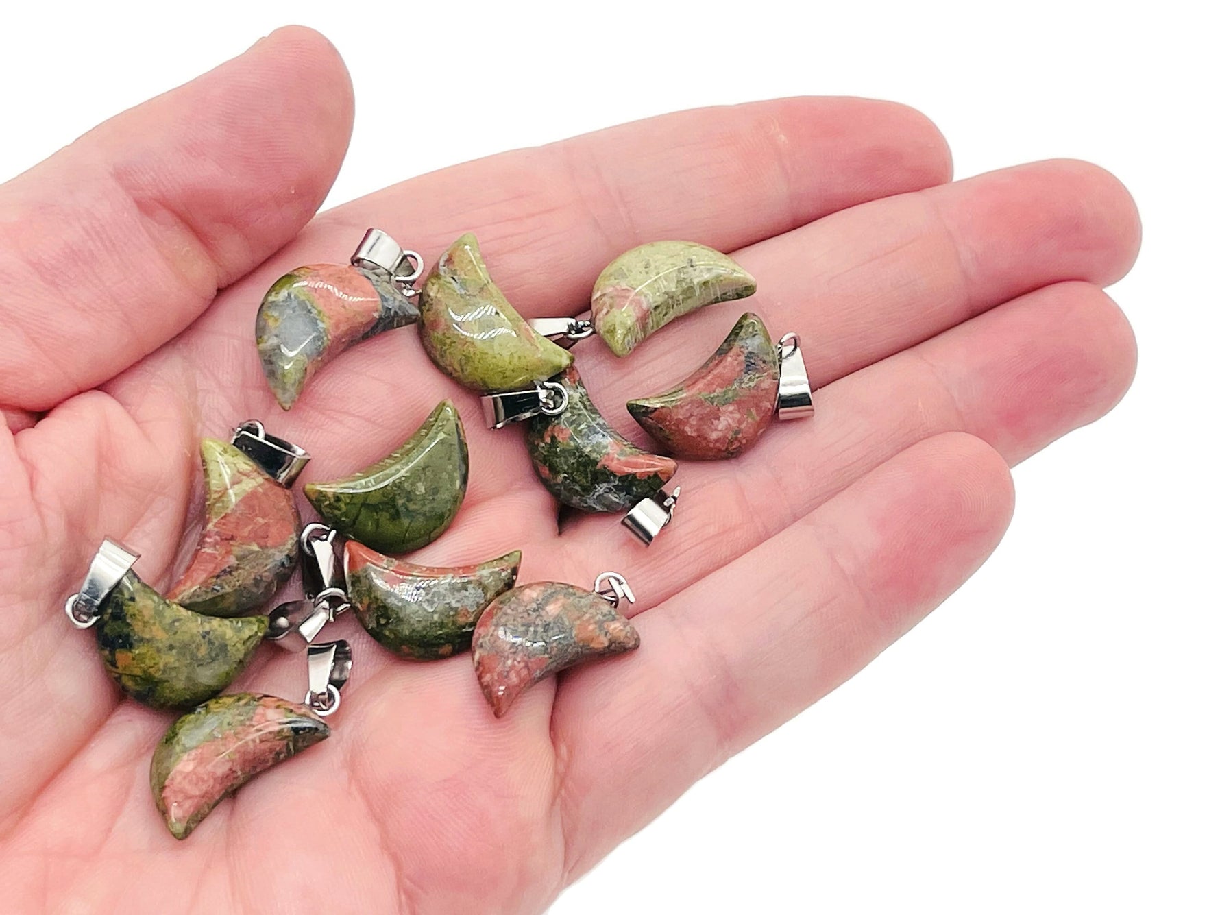 Unakite moon-shaped crystal pendant by GemstoneGO, ideal for jewelry making, featuring natural green and peach gemstone details.