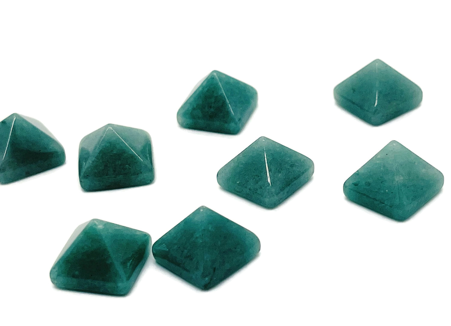14mm Aventurine pyramid gemstone carving from GemstoneGO, showcasing a polished green pyramid with natural gemstone patterns.