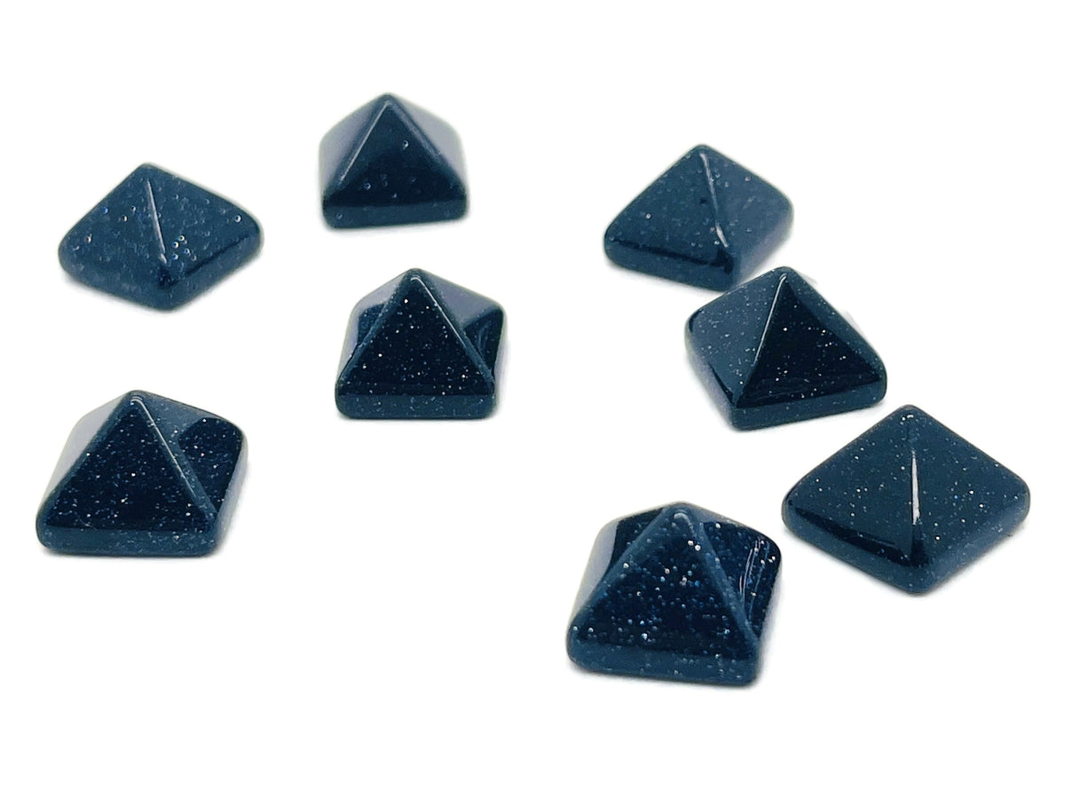 Blue Goldstone pyramid gemstone carving, 14mm, showcasing sparkling blue and gold flecks, crafted by GemstoneGO.