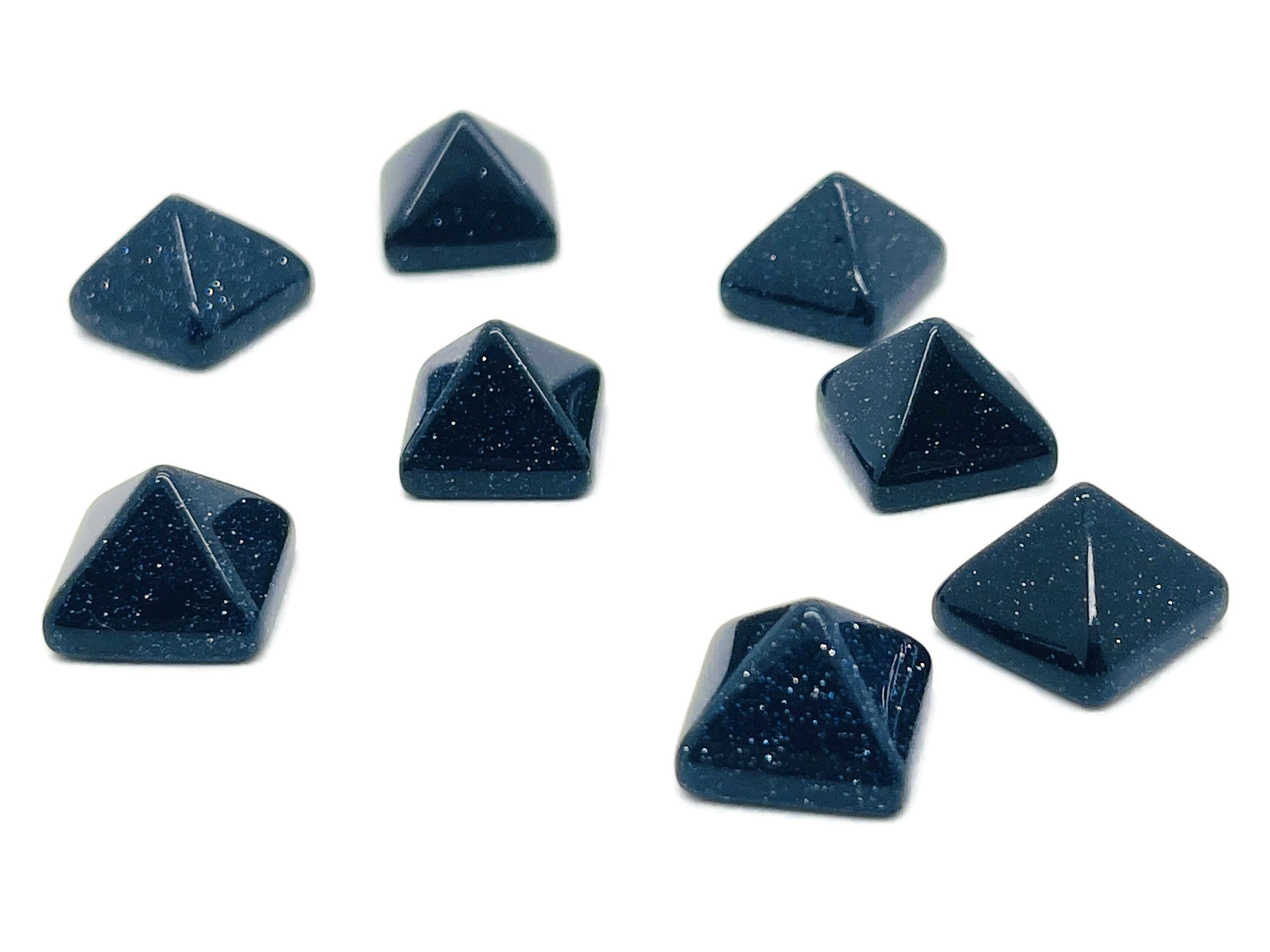 Blue Goldstone pyramid gemstone carving, 14mm, showcasing sparkling blue and gold flecks, crafted by GemstoneGO.