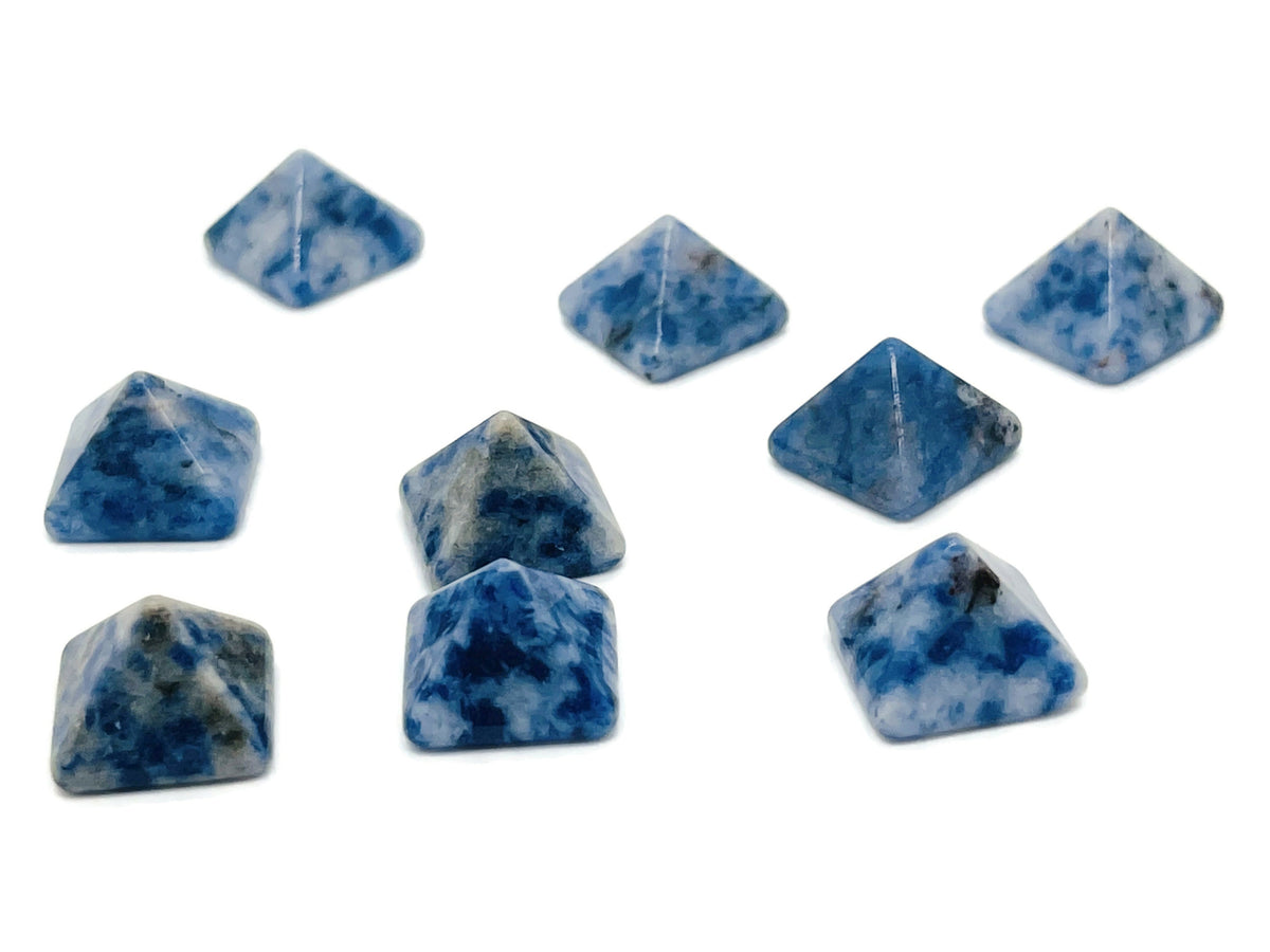 Blue Spot Jasper pyramid carving gemstone, 14mm, featuring vibrant blue spots and natural stone details.