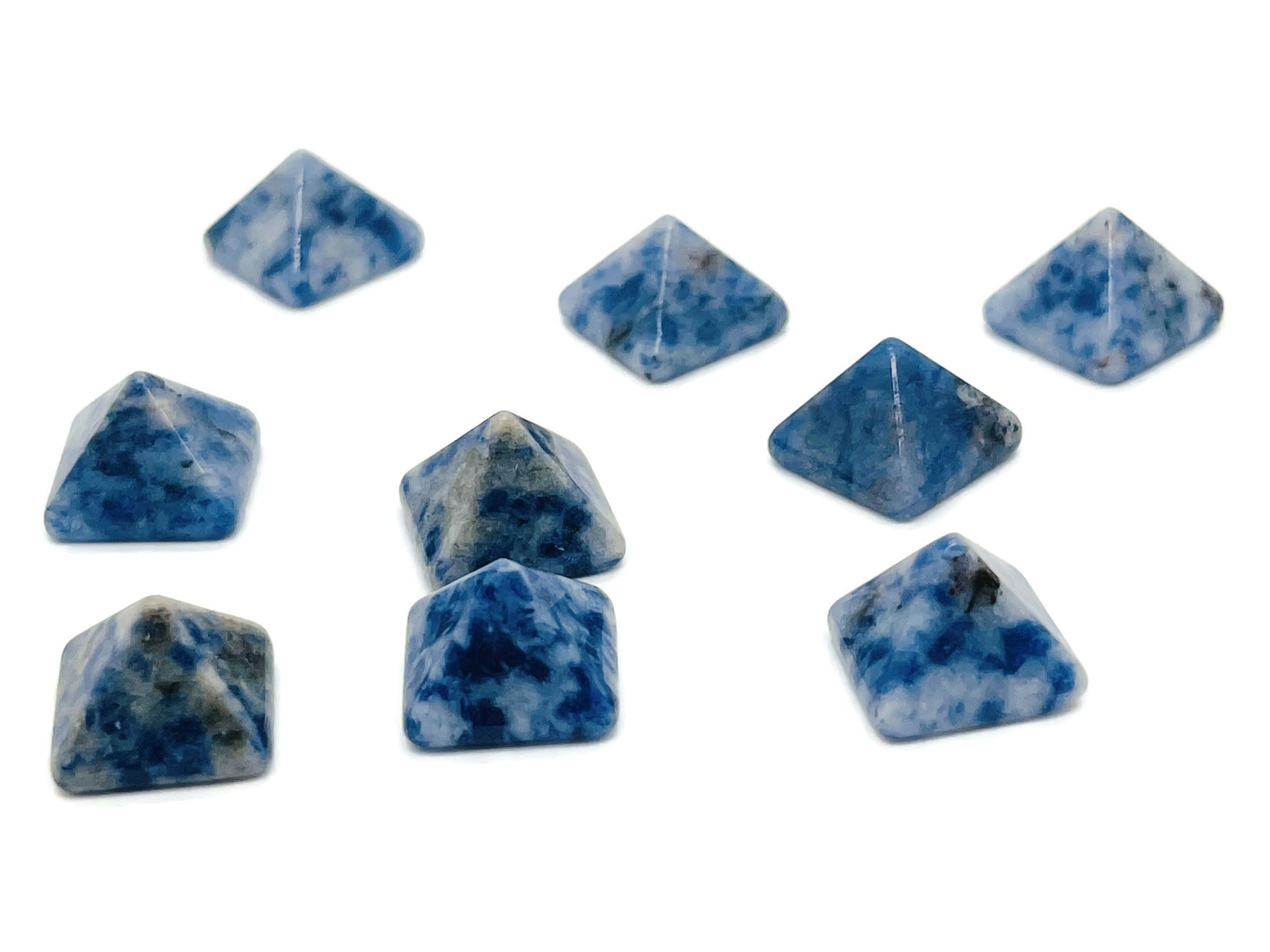 Blue Spot Jasper pyramid carving gemstone, 14mm, featuring vibrant blue spots and natural stone details.